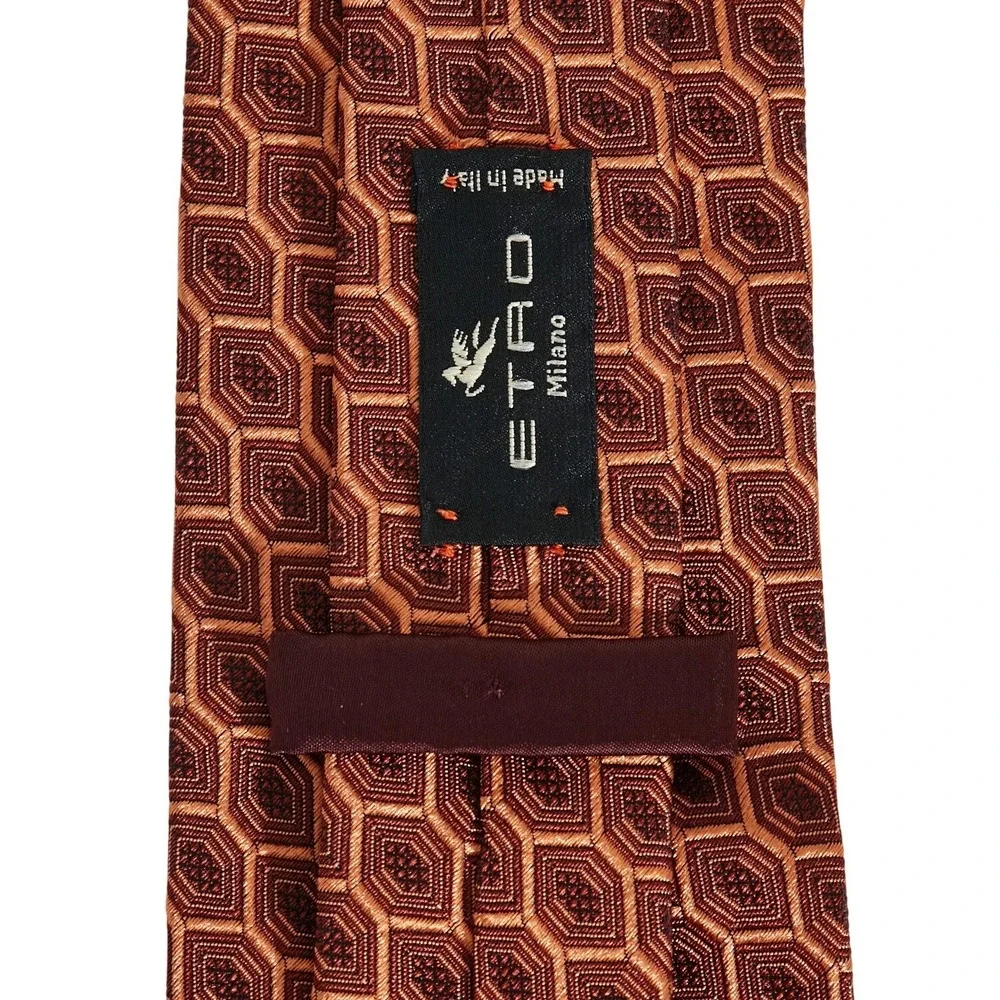 ETRO‎ Men's Silk Necktie ITALY Designer Geometric Pattern Orange Rust Burgany